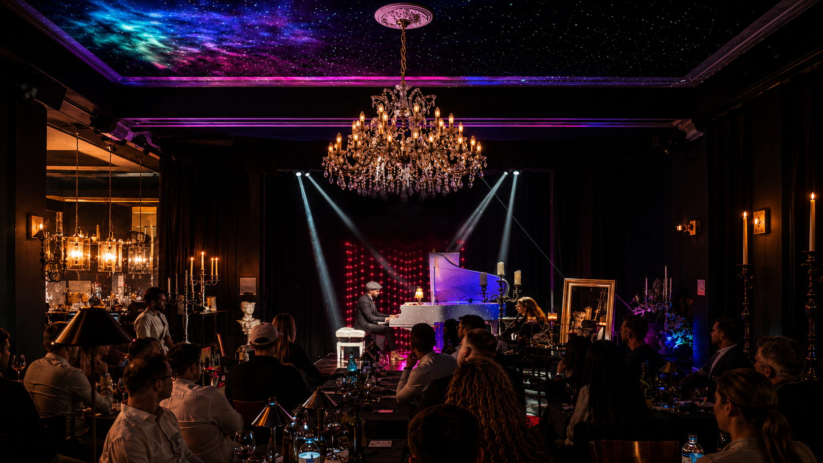 Weißer Flügel und Piano-Show im Vorwerck unter dem Kristallleuchter