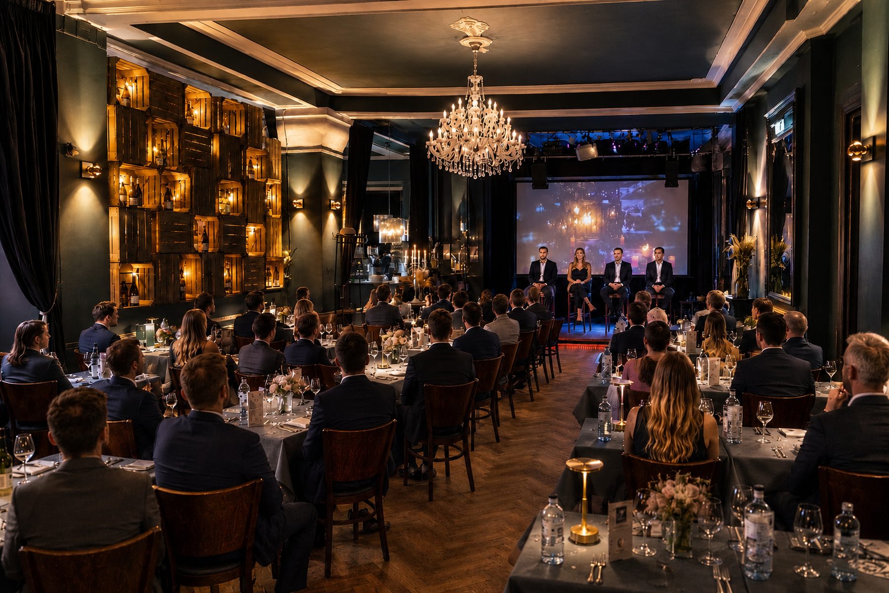 Firmenveranstaltung im Grand Salon des Vorwerck, Gäste an gedeckten Tafeln vor der Bühne